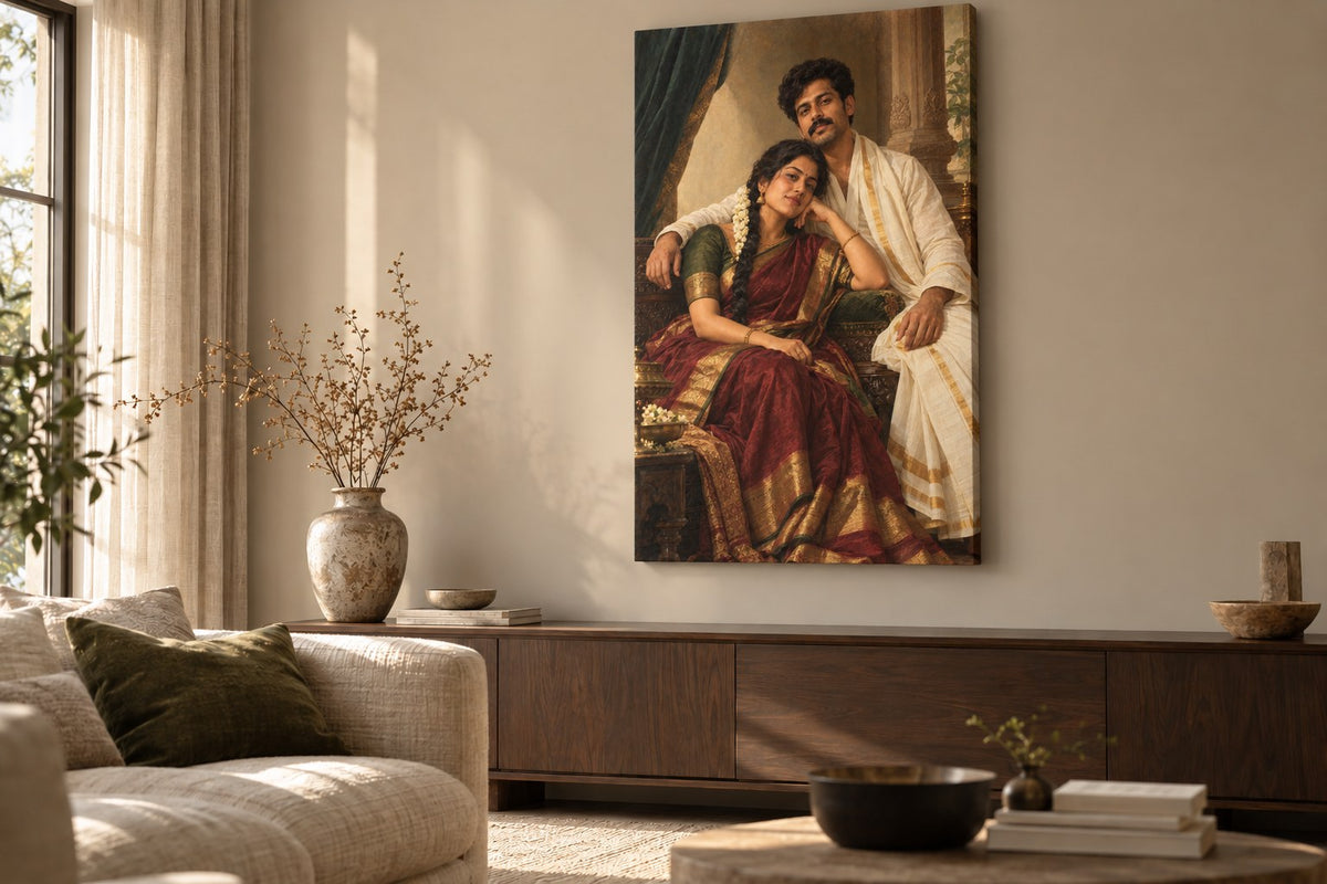 A Yugal portrait on gallery-wrapped canvas hanging above a walnut console in a warm living room