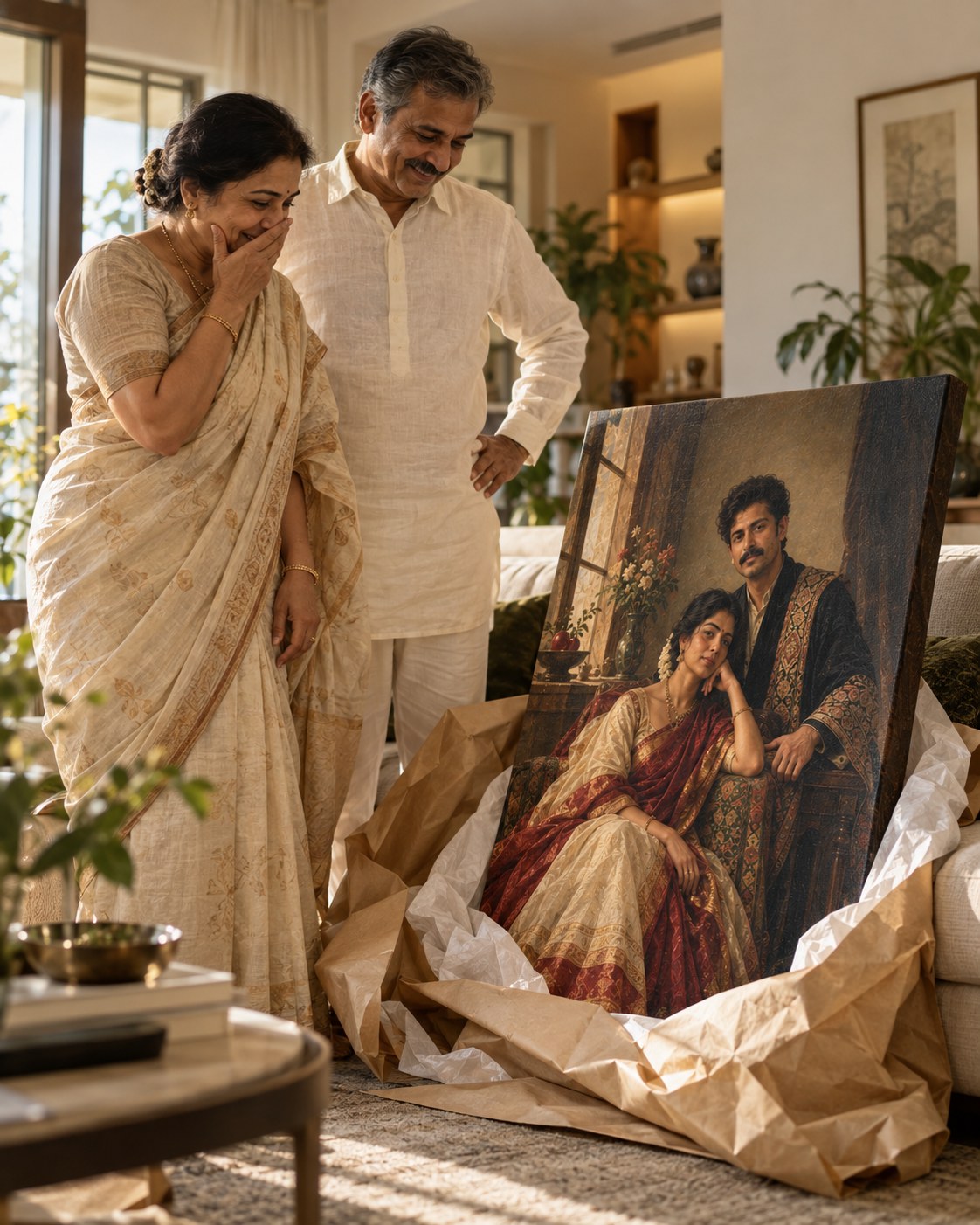 An older couple unwrapping a portrait canvas of themselves at home