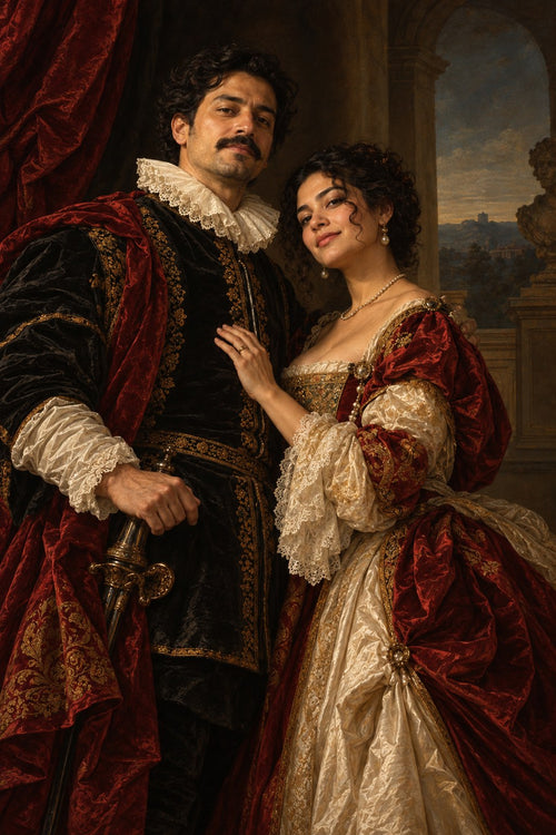 A couple painted as a Baroque court portrait in dramatic light