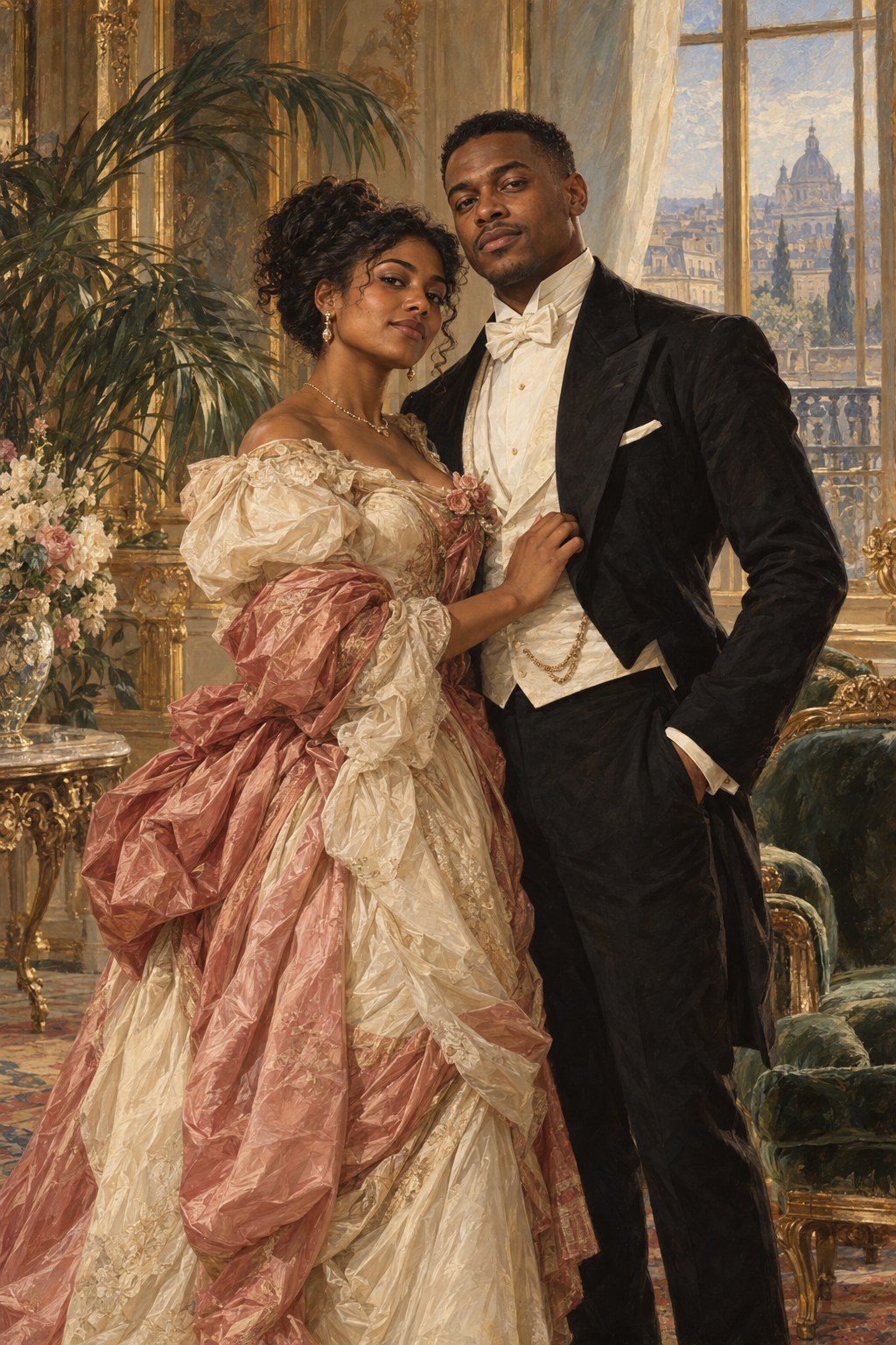 A couple painted as a Belle Epoque portrait in a Parisian salon