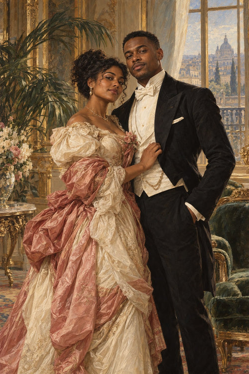 A couple painted as a Belle Epoque portrait in a Parisian salon