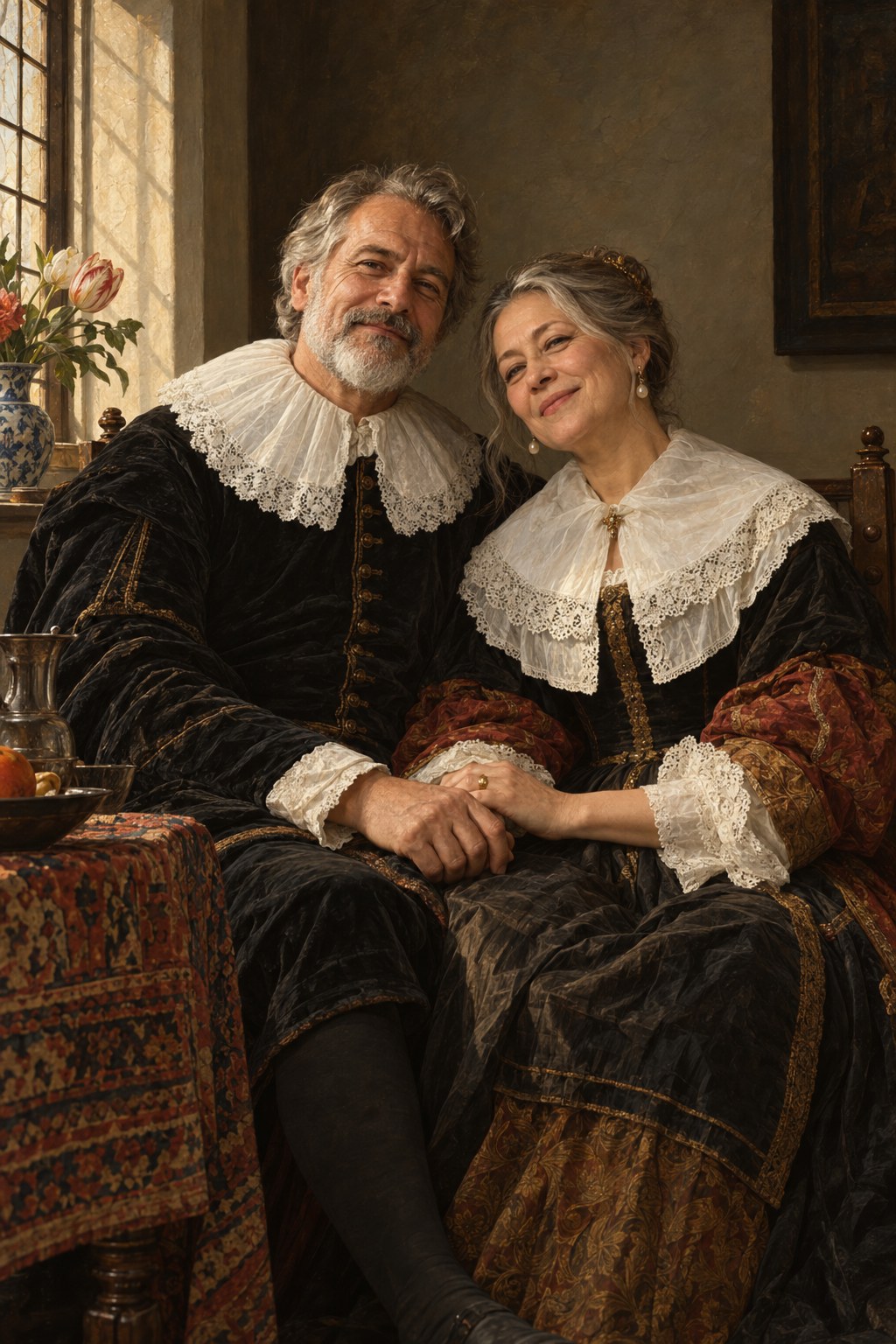 An older couple painted as a Dutch Golden Age portrait by a window