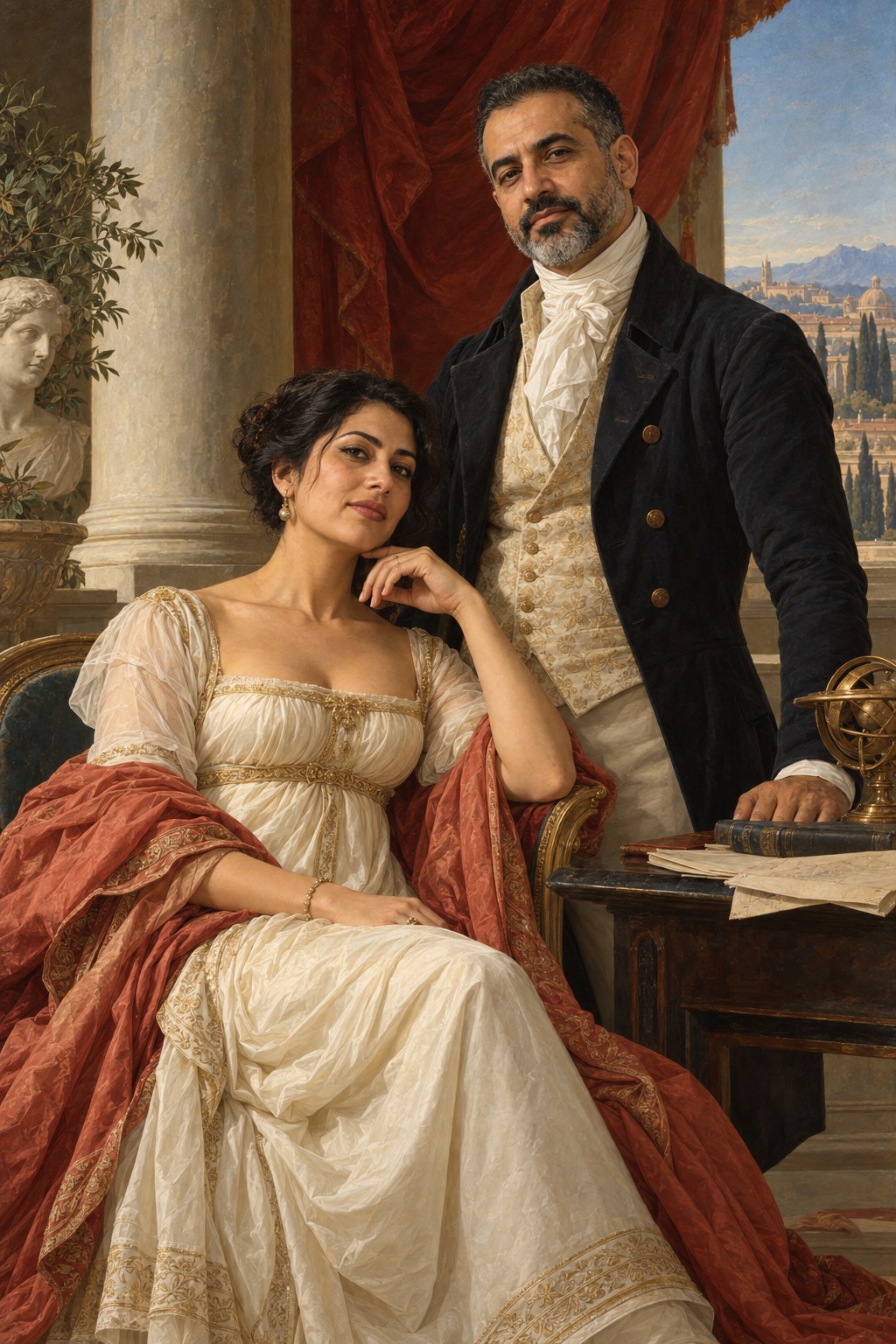 A couple painted as a Neoclassical portrait beside a column