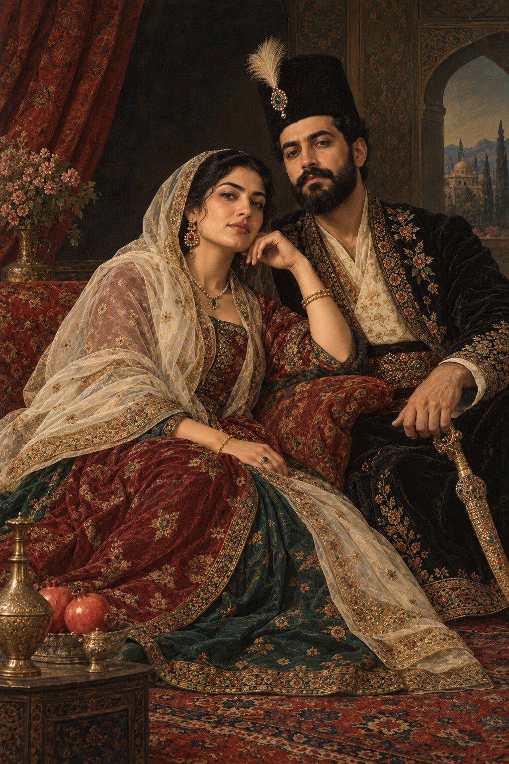A couple painted as a Persian Qajar court portrait on a patterned carpet