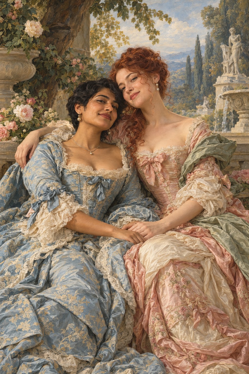 Two women painted as a Rococo portrait in a garden