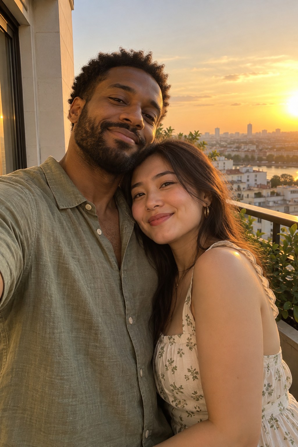 The couple's original photograph on a city balcony at golden hour